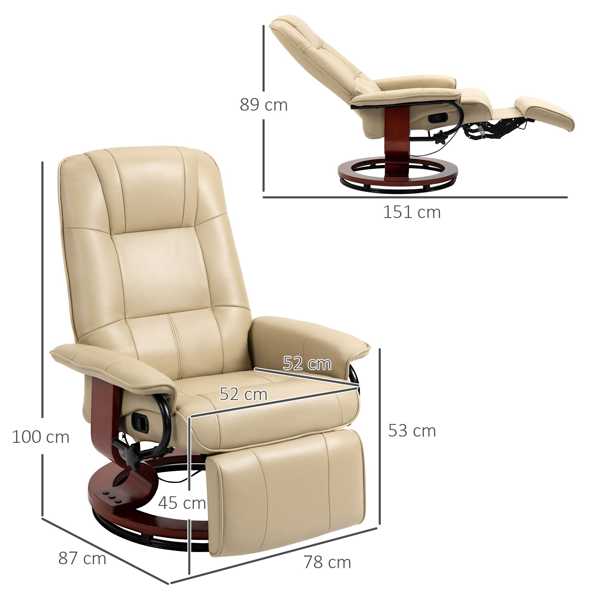HOMCOM Faux Leather Armchair, with 145° Reclining Back and Footrest - Cream
